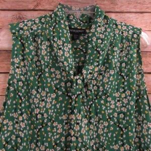 Cynthia Rowley Green Floral Tie Collar Sleeveless Blouse XL